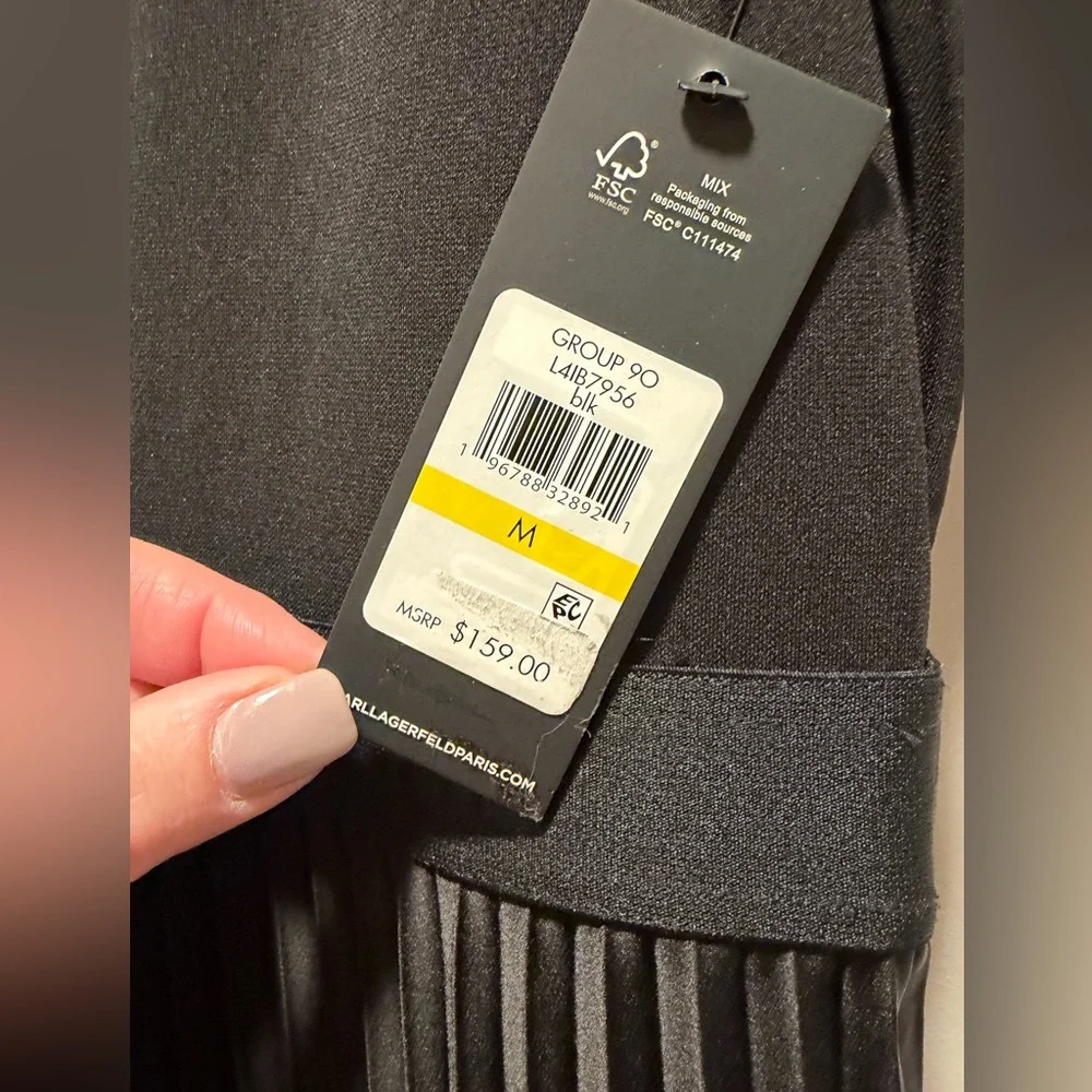 NWT. Karl Lagerfeld Monogramed Mixed-Media Pleated Midi Dress - Picture 10 of 10